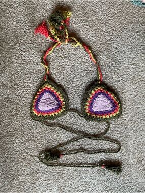 Handmade Olive Green Crochet Triangle Bikini Top with Purple Accent